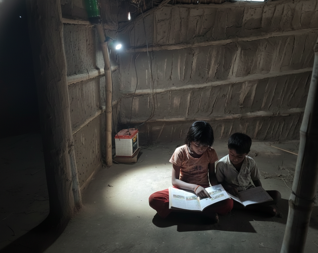 Ram kumari's children studying below the Solar Light